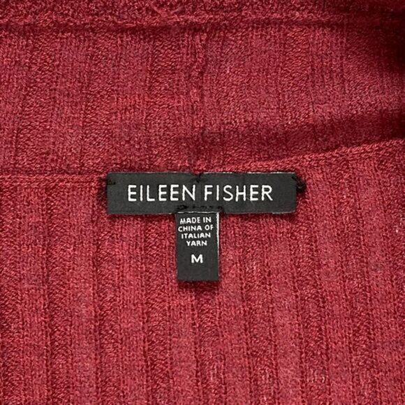 Eileen Fisher Wool Cardigan Sweater Womens Medium Burgundy Open Front Ruffle Hem - Picture 15 of 16